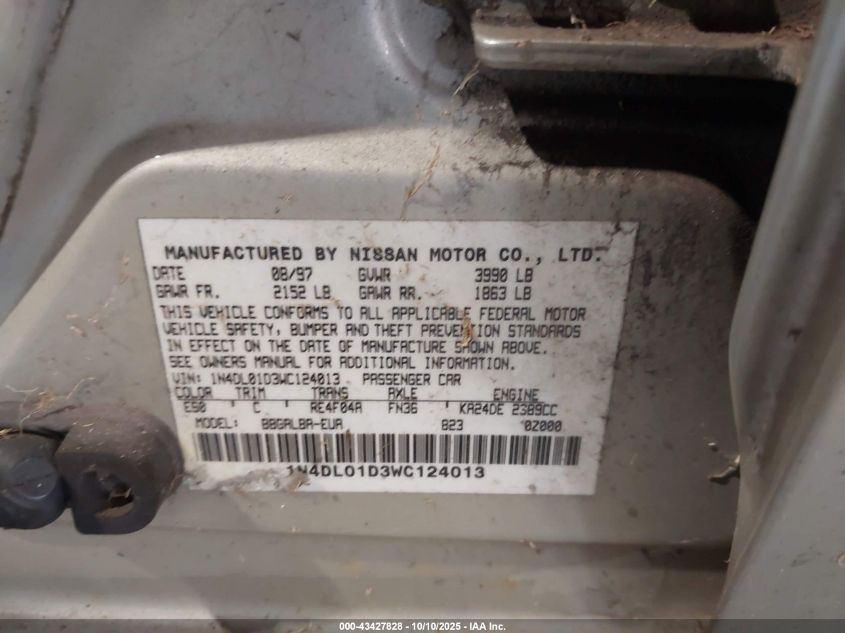 1998 Nissan Altima Gle/Gxe/Se/Xe VIN: 1N4DL01D3WC124013 Lot: 43427828