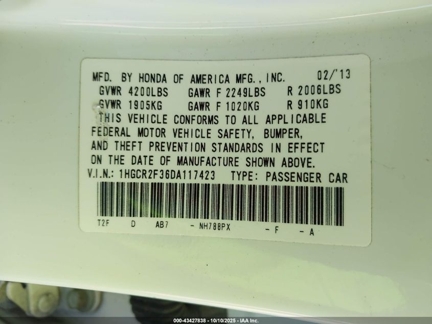 2013 Honda Accord Lx VIN: 1HGCR2F36DA117423 Lot: 43427838