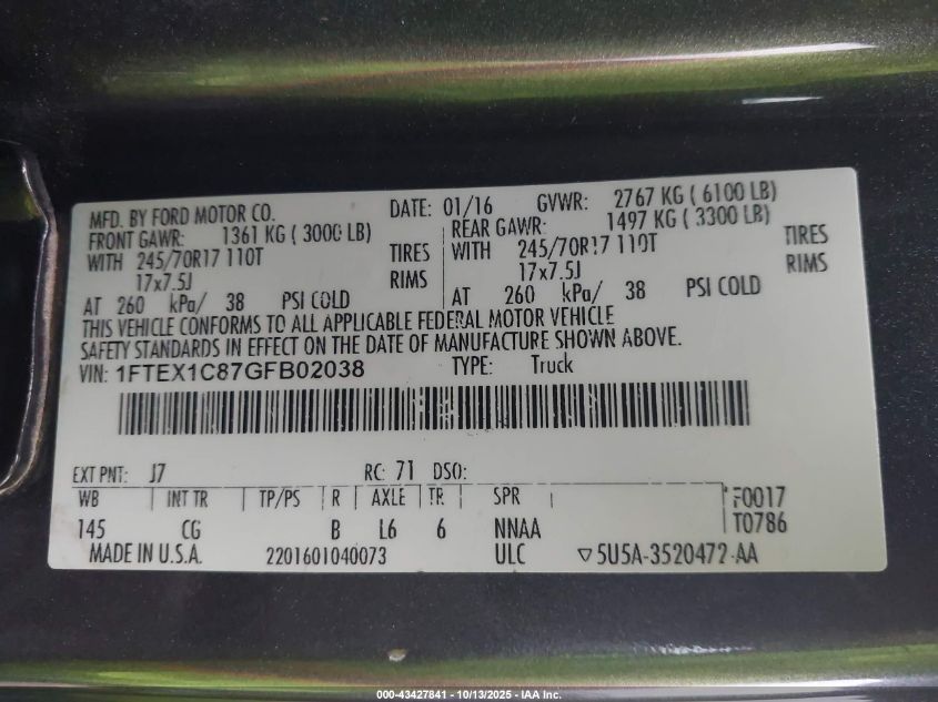 2016 Ford F-150 Xl VIN: 1FTEX1C87GFB02038 Lot: 43427841