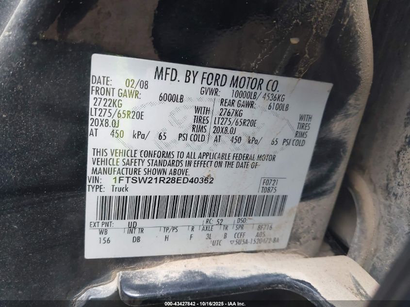 2008 Ford F-250 Fx4/Harley-Davidson/King Ranch/Lariat/Xl/Xlt VIN: 1FTSW21R28ED40362 Lot: 43427842