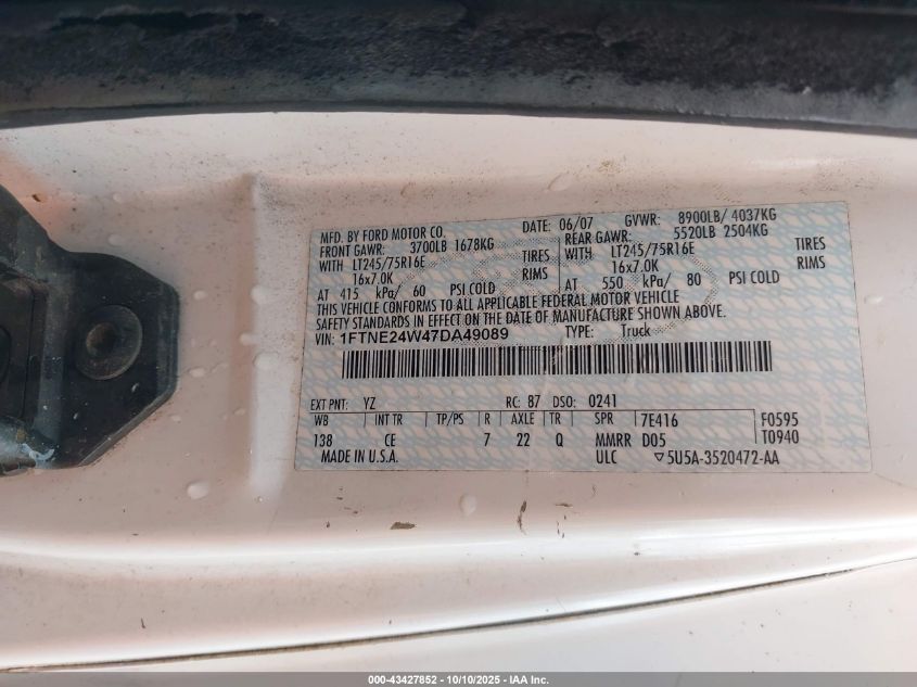 2007 Ford E-250 Commercial/Recreational VIN: 1FTNE24W47DA49089 Lot: 43427852
