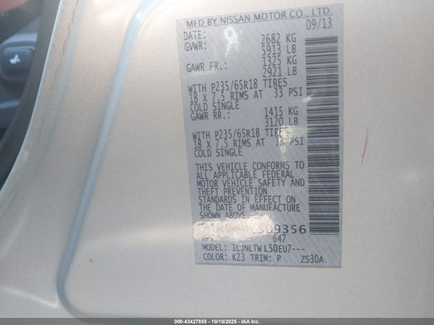 2014 Infiniti Qx60 VIN: 5N1AL0MM4EC509356 Lot: 43427855