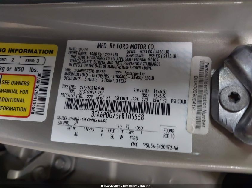 2015 Ford Fusion S VIN: 3FA6P0G75FR105558 Lot: 43427869