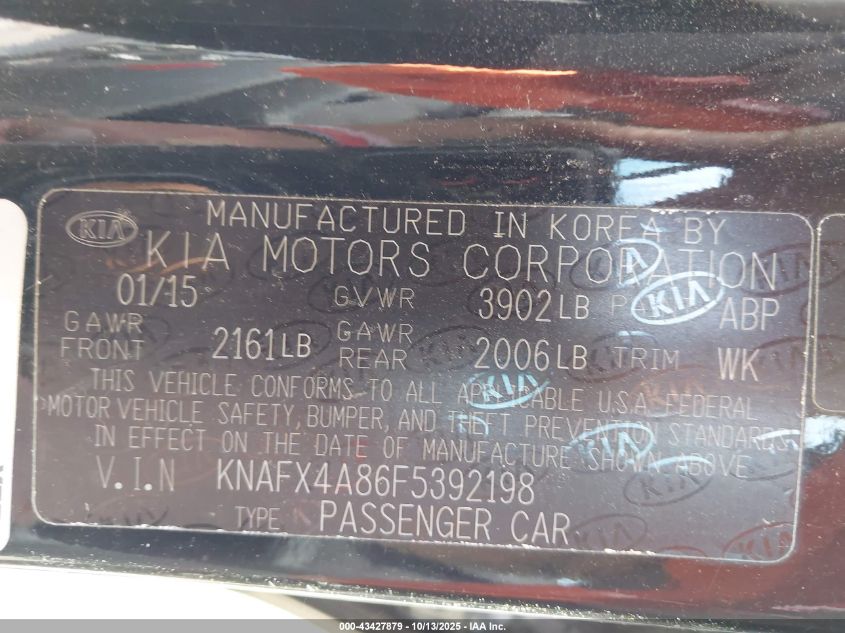 2015 Kia Forte Ex VIN: KNAFX4A86F5392198 Lot: 43427879
