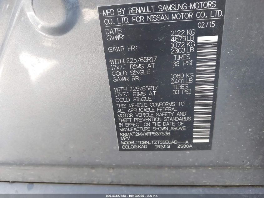 2015 Nissan Rogue Sv VIN: KNMAT2MVXFP537536 Lot: 43427883