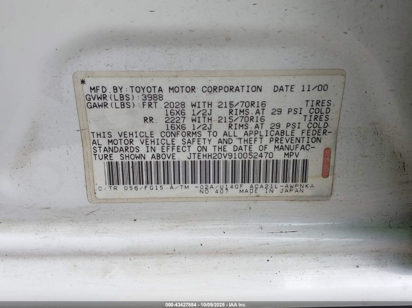 2001 Toyota Rav4 VIN: JTEHH20V910052470 Lot: 43427884