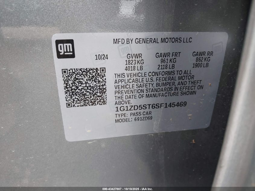2025 Chevrolet Malibu Fwd 1Lt VIN: 1G1ZD5ST6SF145469 Lot: 43427887