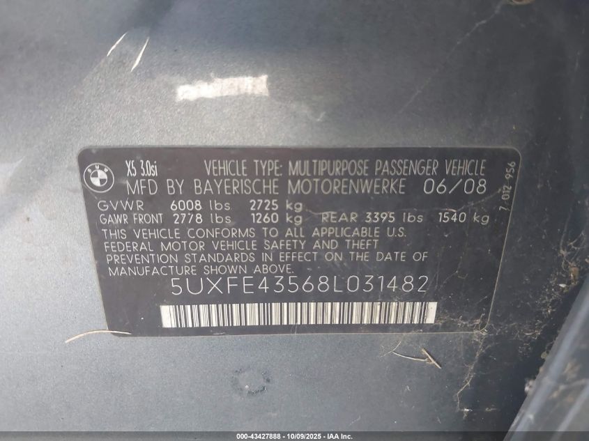 2008 BMW X5 3.0Si VIN: 5UXFE43568L031482 Lot: 43427888