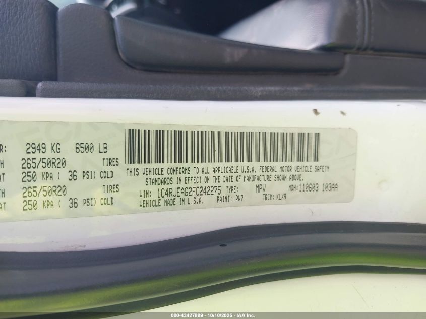 2015 Jeep Grand Cherokee Altitude VIN: 1C4RJEAG2FC242275 Lot: 43427889