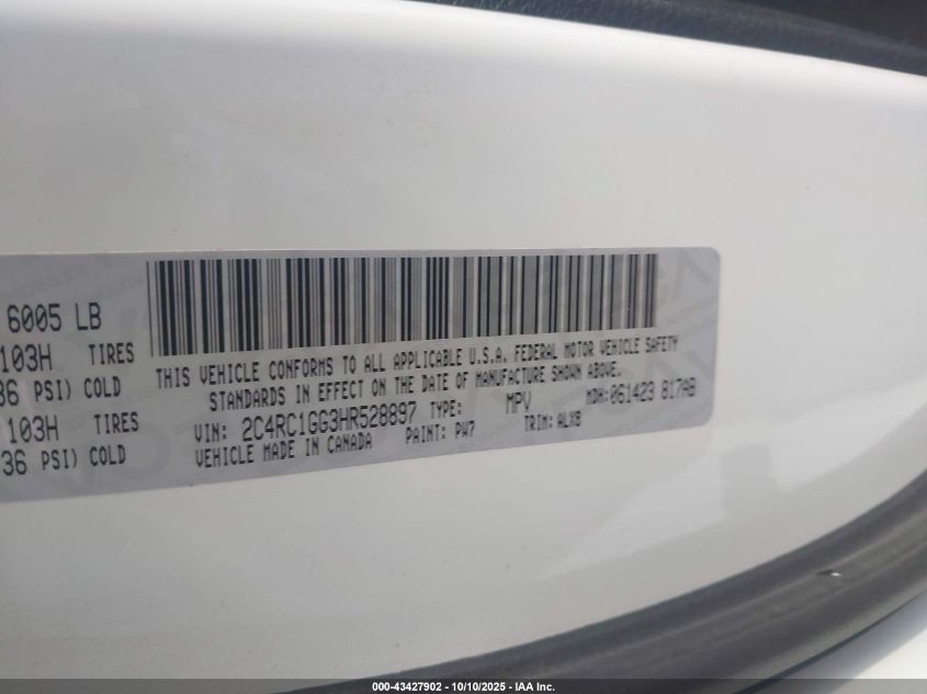 2017 Chrysler Pacifica Limited VIN: 2C4RC1GG3HR528897 Lot: 43427902