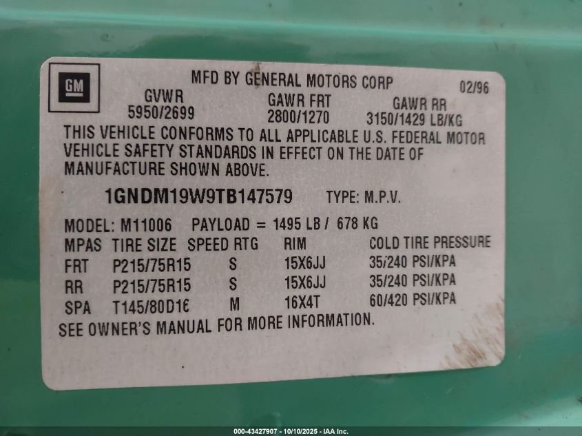 1996 Chevrolet Astro VIN: 1GNDM19W9TB147579 Lot: 43427907