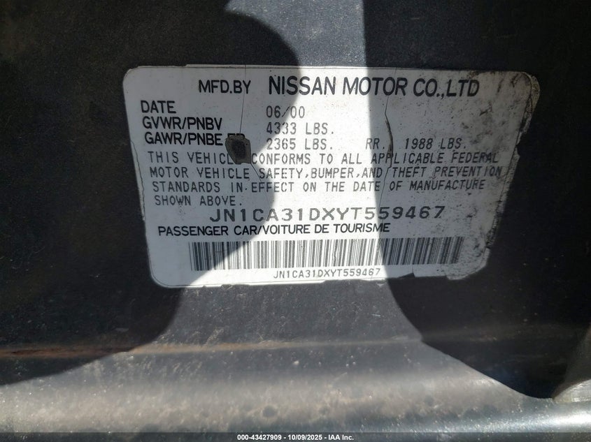 2000 Nissan Maxima Gle/Gxe/Se VIN: JN1CA31DXYT559467 Lot: 43427909