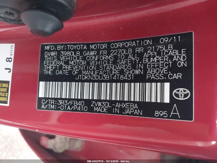 2011 Toyota Prius Three VIN: JTDKN3DU3B1418431 Lot: 43427915