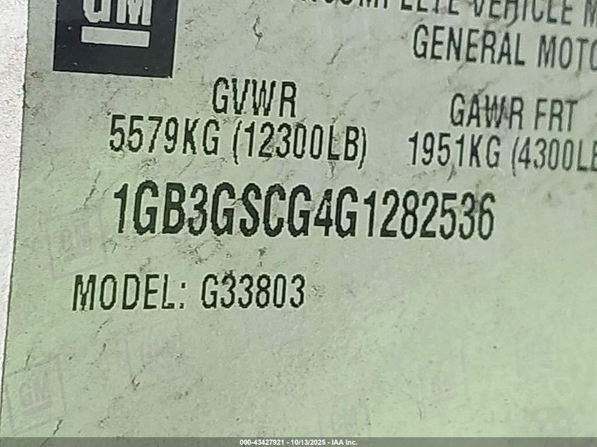 2016 Chevrolet Express Cutaway 3500 VIN: 1GB3GSCG4G1282536 Lot: 43427921