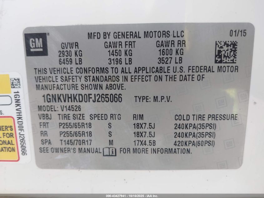 2015 Chevrolet Traverse 2Lt VIN: 1GNKVHKD0FJ265066 Lot: 43427941