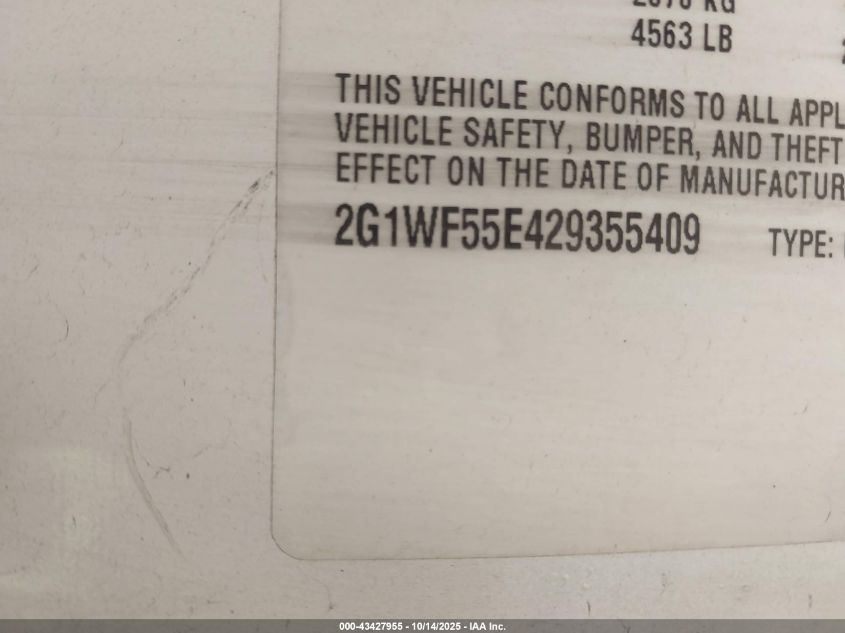 2002 Chevrolet Impala VIN: 2G1WF55E429355409 Lot: 43427955