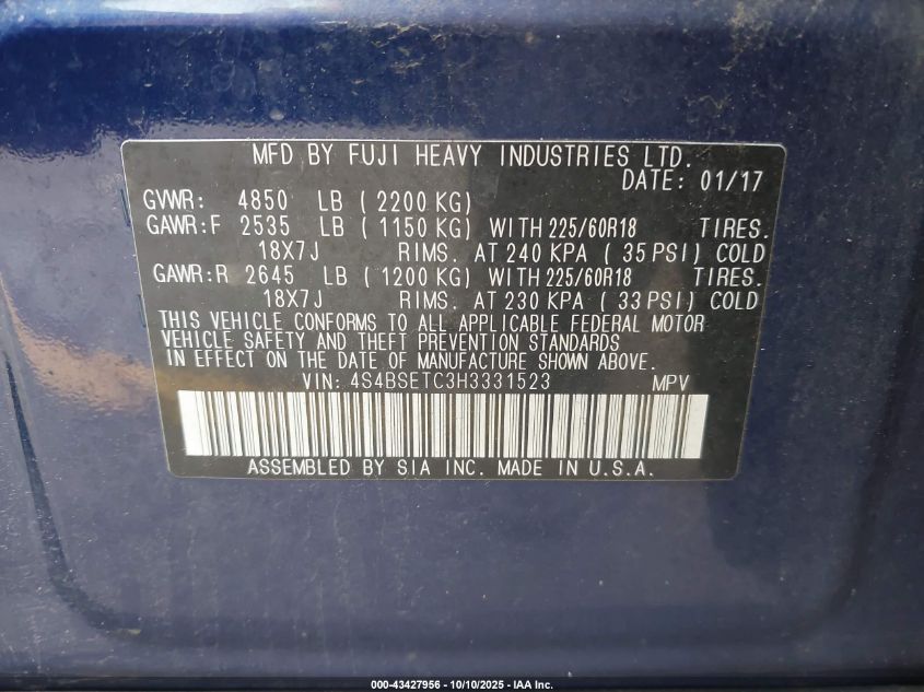 2017 Subaru Outback 3.6R Touring VIN: 4S4BSETC3H3331523 Lot: 43427956