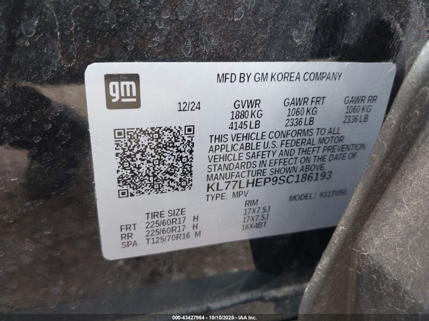 2025 Chevrolet Trax Fwd Lt VIN: KL77LHEP9SC186193 Lot: 43427964