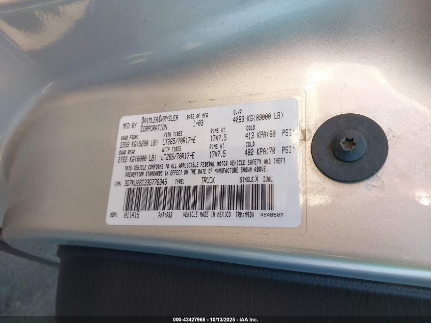 2003 Dodge Ram 2500 Slt/Laramie/St VIN: 3D7KU28C33G776345 Lot: 43427968