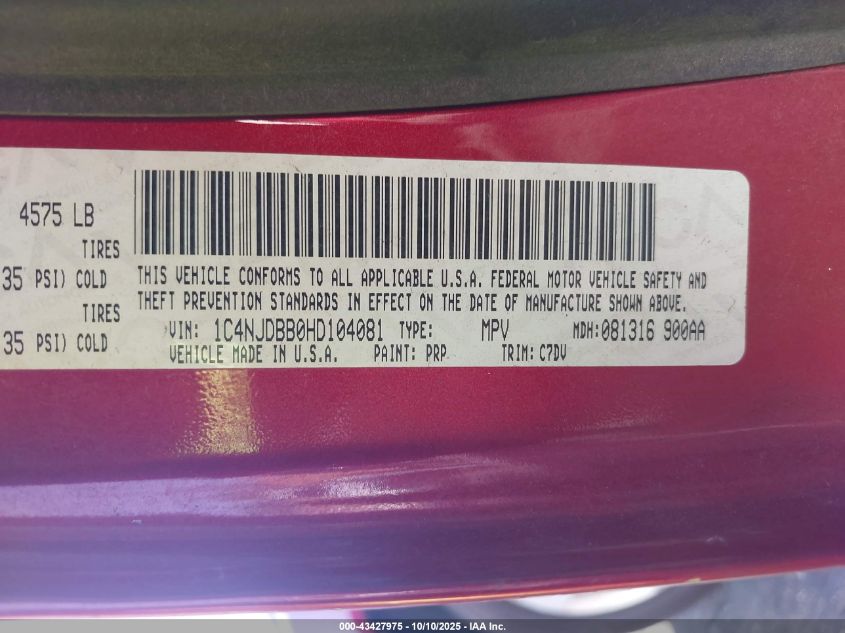 2017 Jeep Compass Sport 4X4 VIN: 1C4NJDBB0HD104081 Lot: 43427975