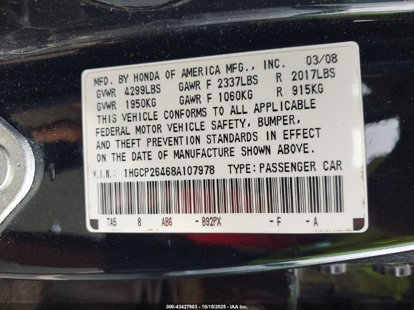 2008 Honda Accord 2.4 Lx-P VIN: 1HGCP26468A107978 Lot: 43427983