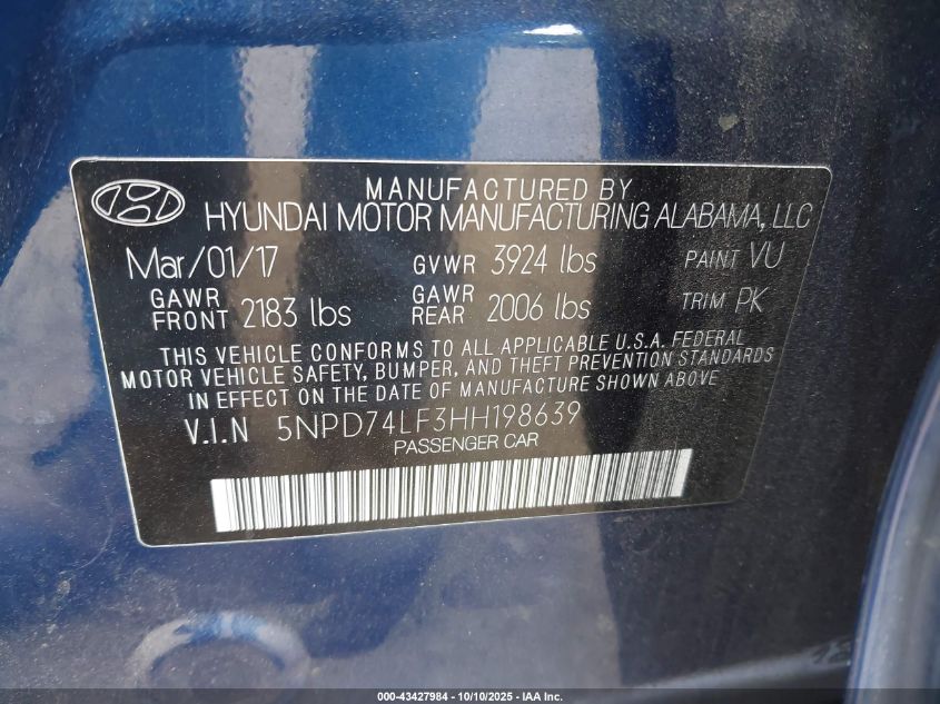 2017 Hyundai Elantra Se VIN: 5NPD74LF3HH198639 Lot: 43427984