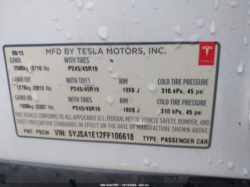 2015 Tesla Model S 60/70/85 VIN: 5YJSA1E12FF106618 Lot: 43427997