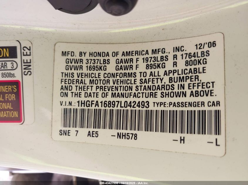 2007 Honda Civic Ex VIN: 1HGFA16897L042493 Lot: 43427998