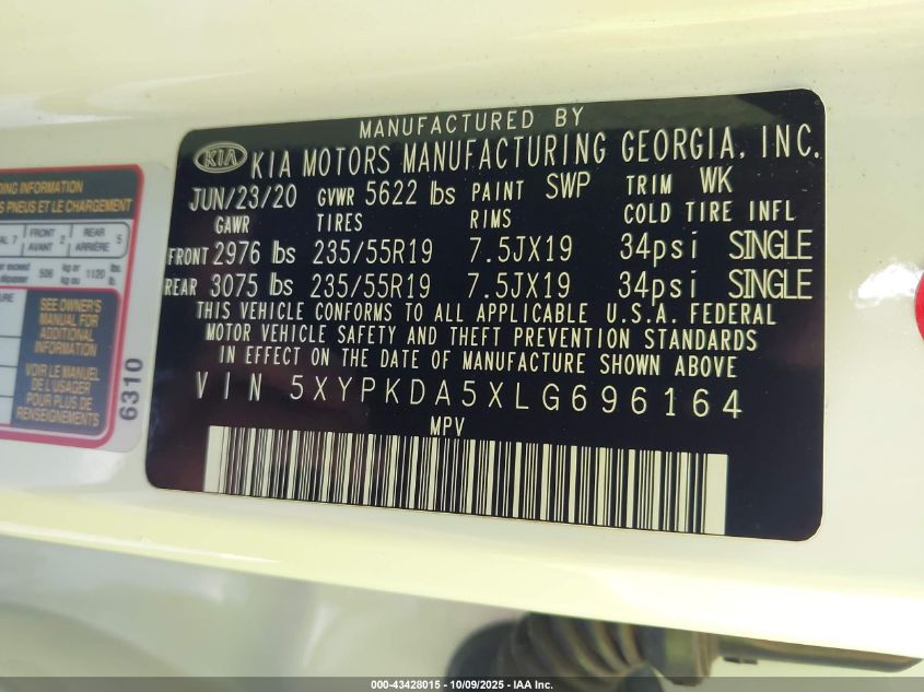 2020 Kia Sorento 3.3L Sx VIN: 5XYPKDA5XLG696164 Lot: 43428015