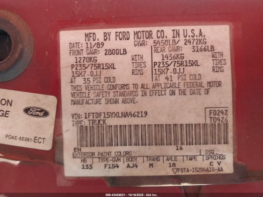 1990 Ford F150 VIN: 1FTDF15YXLNA46219 Lot: 43428021