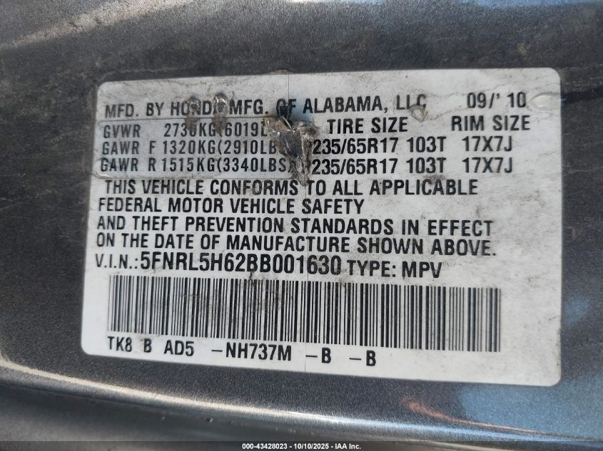 2011 Honda Odyssey Ex-L VIN: 5FNRL5H62BB001630 Lot: 43428023