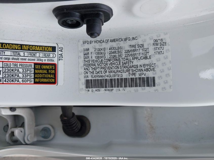 2016 Honda Cr-V Ex-L VIN: 5J6RM4H74GL091913 Lot: 43428026