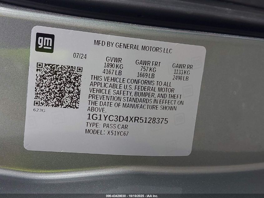 2024 Chevrolet Corvette Stingray Rwd 3Lt VIN: 1G1YC3D4XR5128375 Lot: 43428030