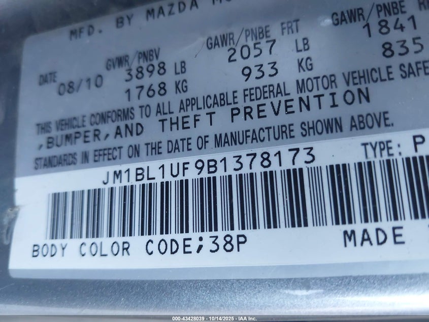 JM1BL1UF9B1378173 2011 MAZDA 3 photo no. 9