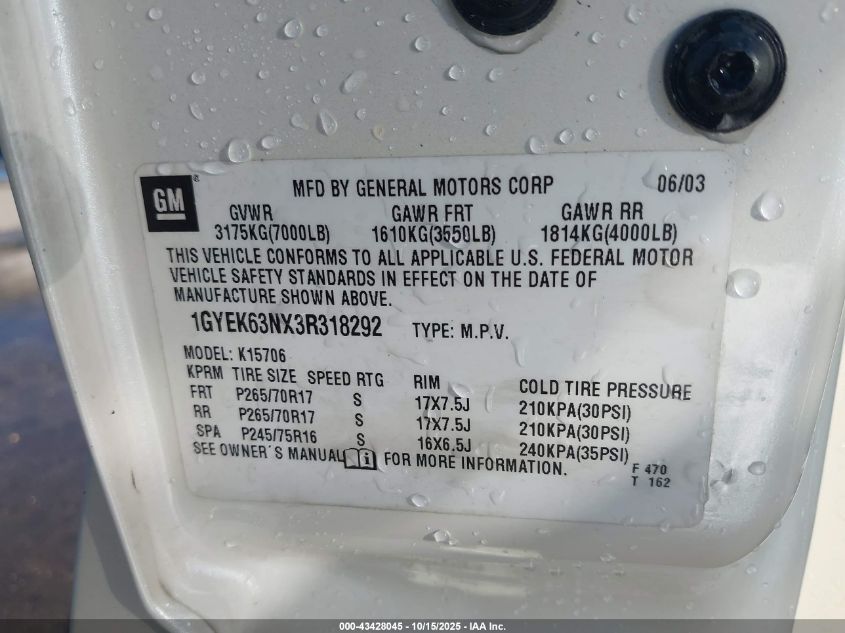 2003 Cadillac Escalade Standard VIN: 1GYEK63NX3R318292 Lot: 43428045