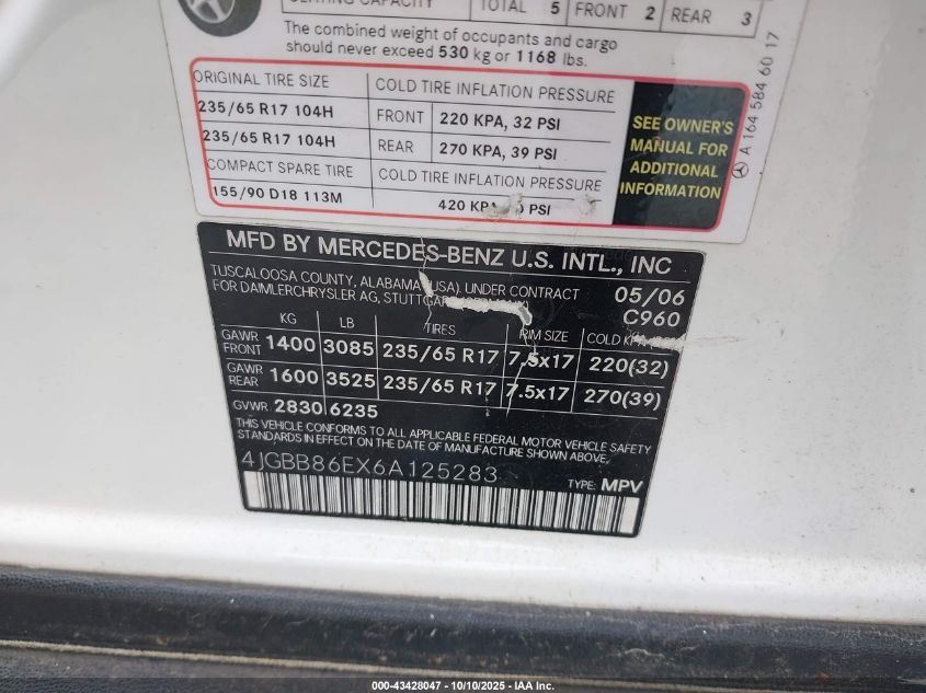 2006 Mercedes-Benz Ml 350 4Matic VIN: 4JGBB86EX6A125283 Lot: 43428047