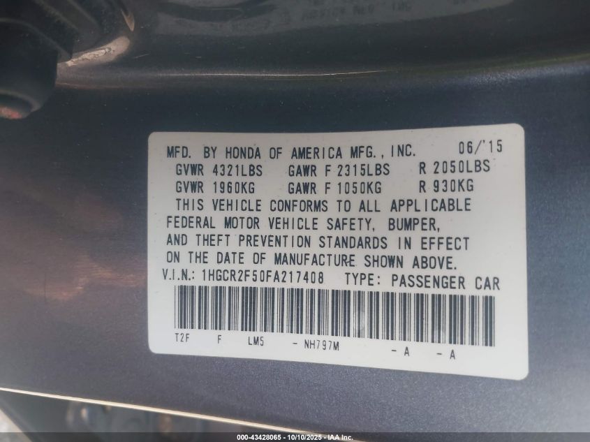2015 Honda Accord Sport VIN: 1HGCR2F50FA217408 Lot: 43428065
