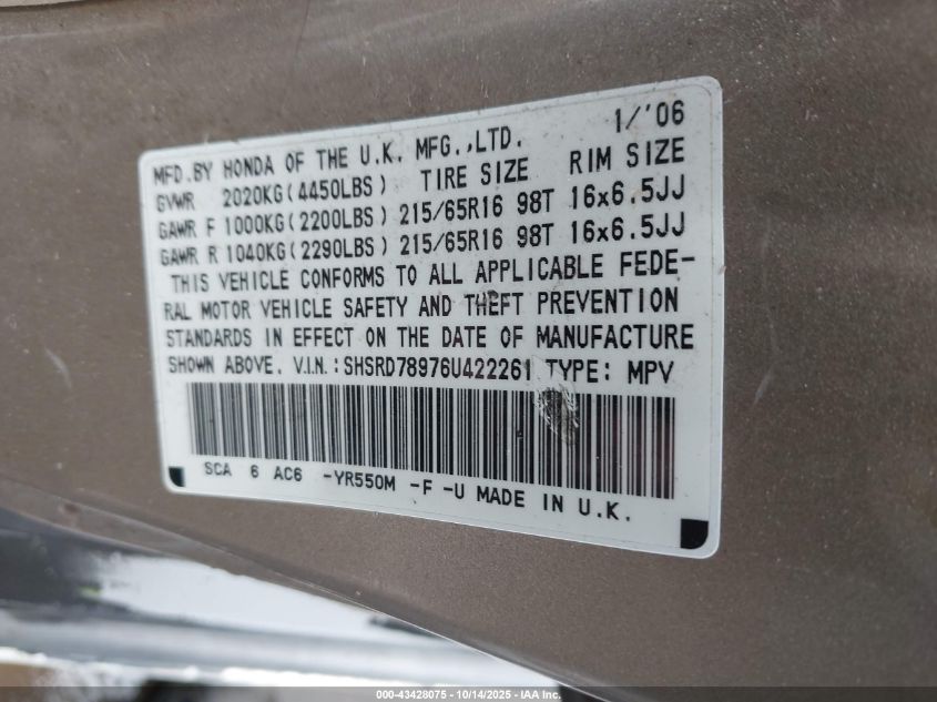 2006 Honda Cr-V Se VIN: SHSRD78976U422261 Lot: 43428075