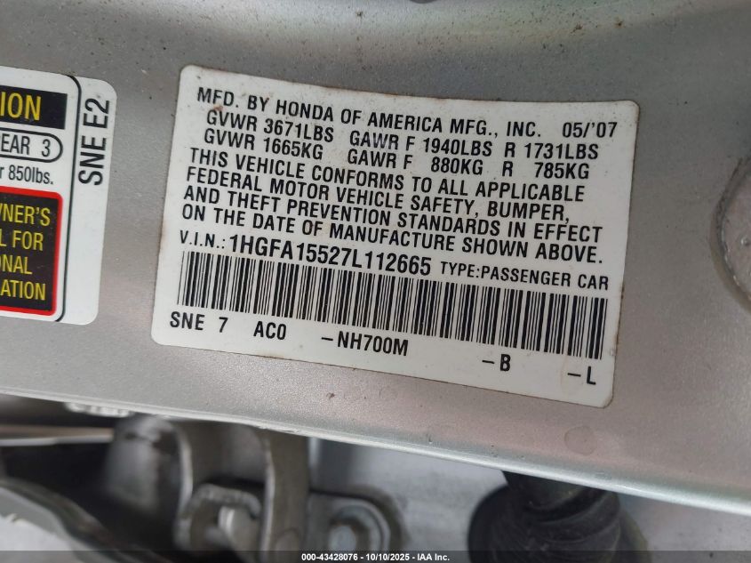 2007 Honda Civic Lx VIN: 1HGFA15527L112665 Lot: 43428076