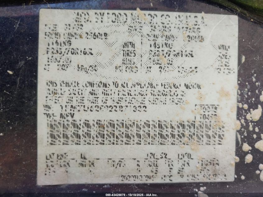 2002 Ford Explorer Xls VIN: 1FMZU62E92ZB71332 Lot: 43428078