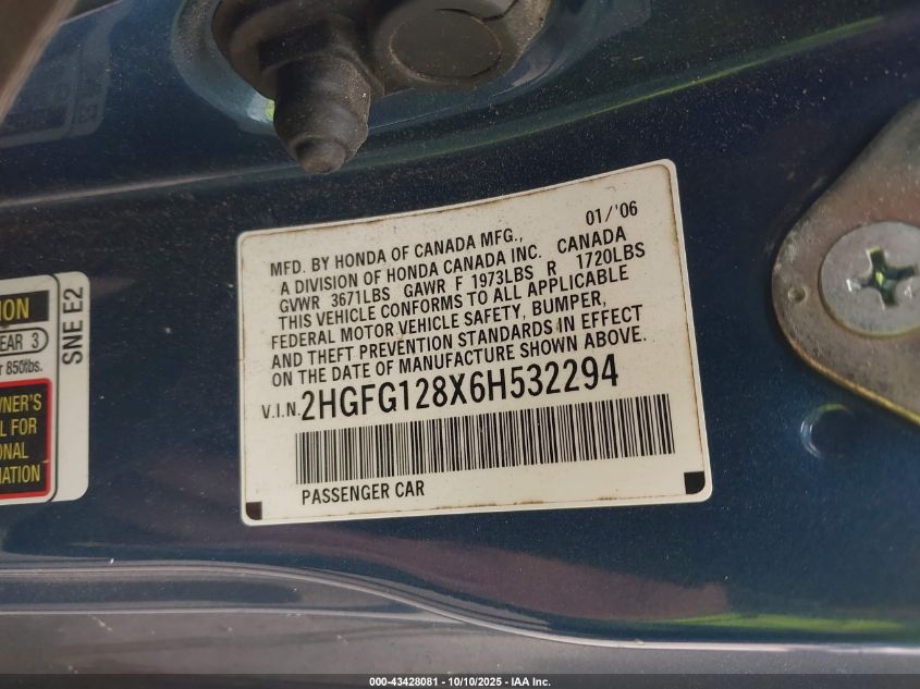 2006 Honda Civic Ex VIN: 2HGFG128X6H532294 Lot: 43428081