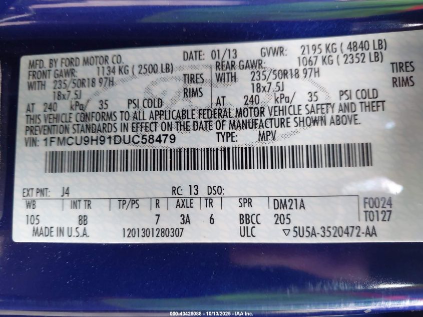 2013 Ford Escape Sel VIN: 1FMCU9H91DUC58479 Lot: 43428088