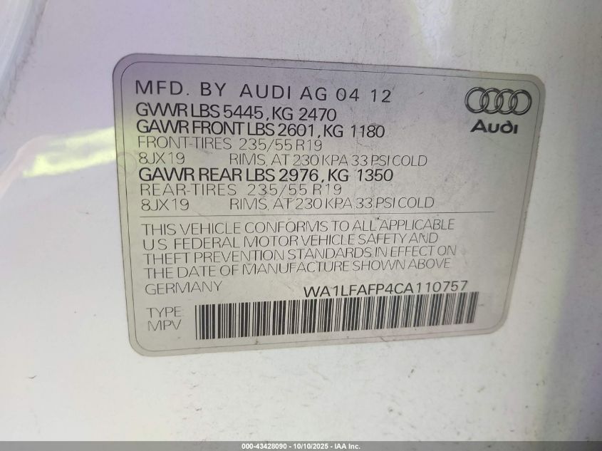 2012 Audi Q5 2.0T Premium VIN: WA1LFAFP4CA110757 Lot: 43428090