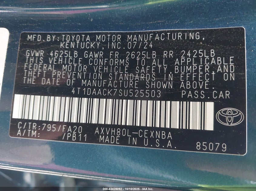 2025 Toyota Camry Le VIN: 4T1DAACK7SU525503 Lot: 43428092