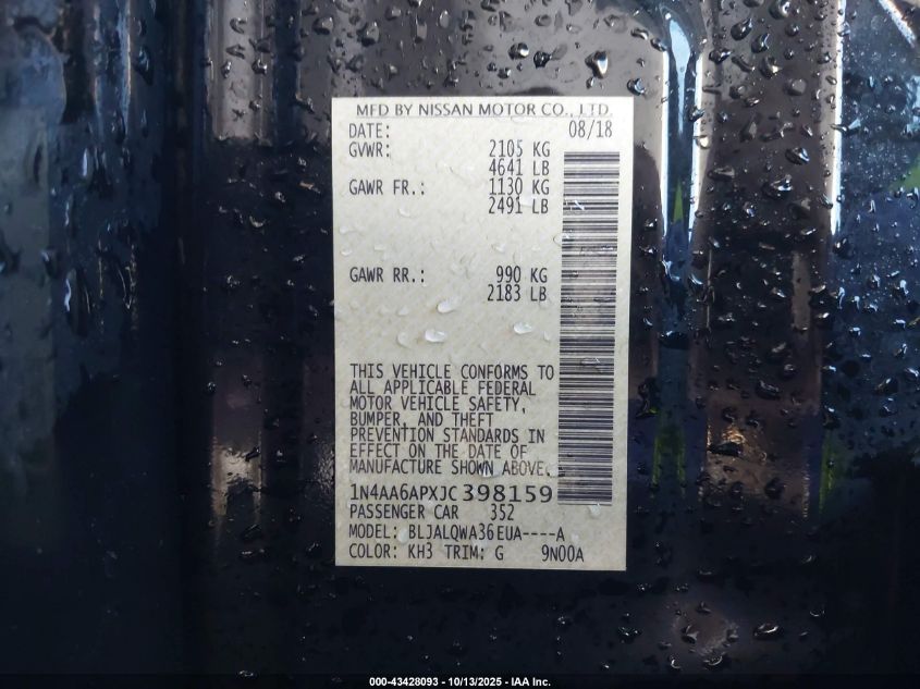 2018 Nissan Maxima 3.5 S VIN: 1N4AA6APXJC398159 Lot: 43428093