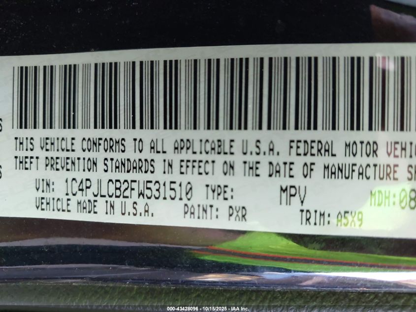 2015 Jeep Cherokee Latitude VIN: 1C4PJLCB2FW531510 Lot: 43428096