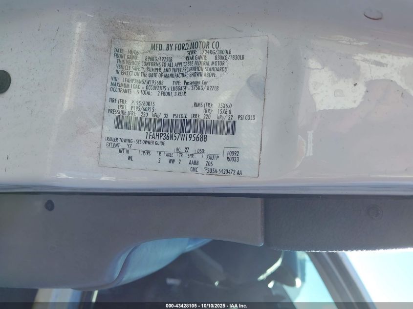 2007 Ford Focus Se/Ses VIN: 1FAHP36N57W195688 Lot: 43428105