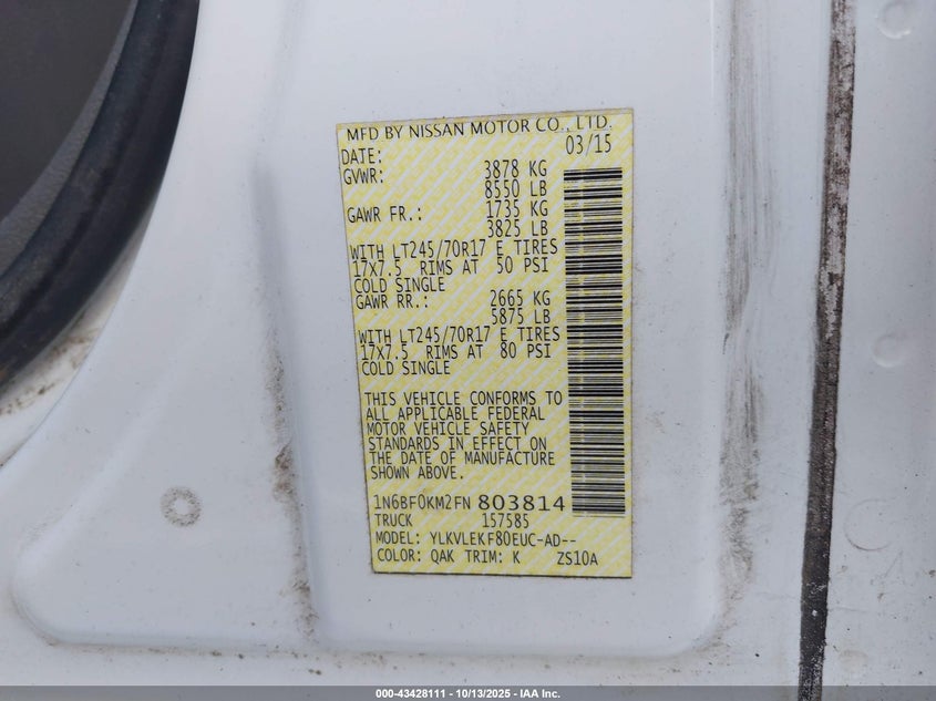 1N6BF0KM2FN803814 2015 NISSAN NV photo no. 9