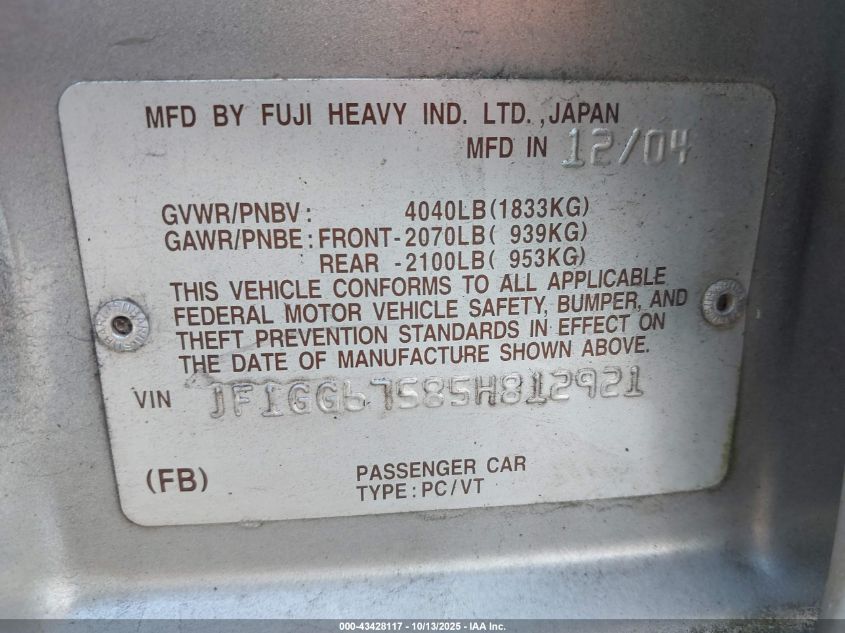 2005 Subaru Impreza 2.5Rs VIN: JF1GG67585H812921 Lot: 43428117