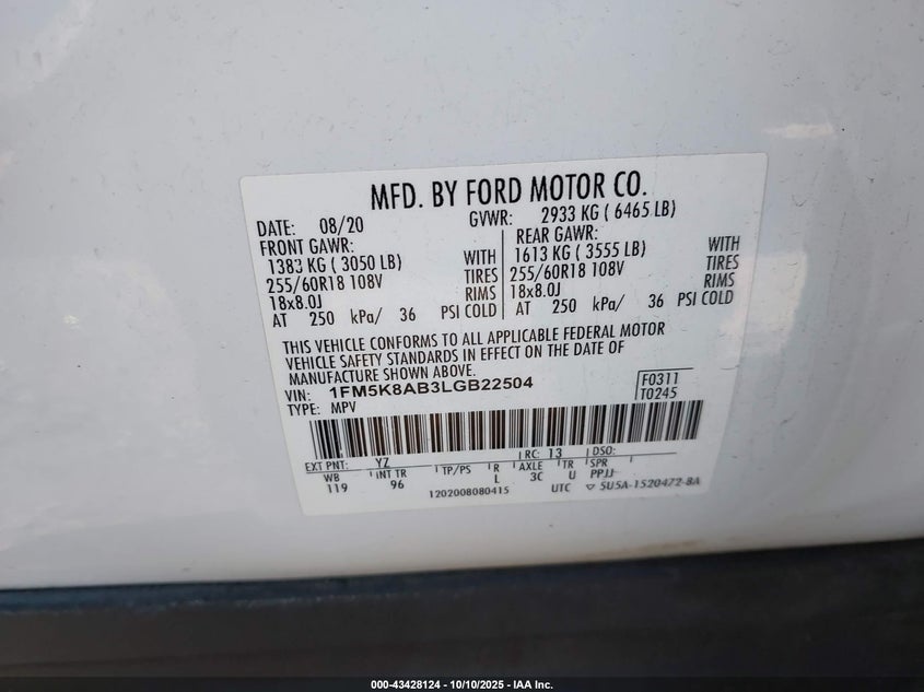 2020 FORD POLICE INTERCEPTOR 1FM5K8AB3LGB22504